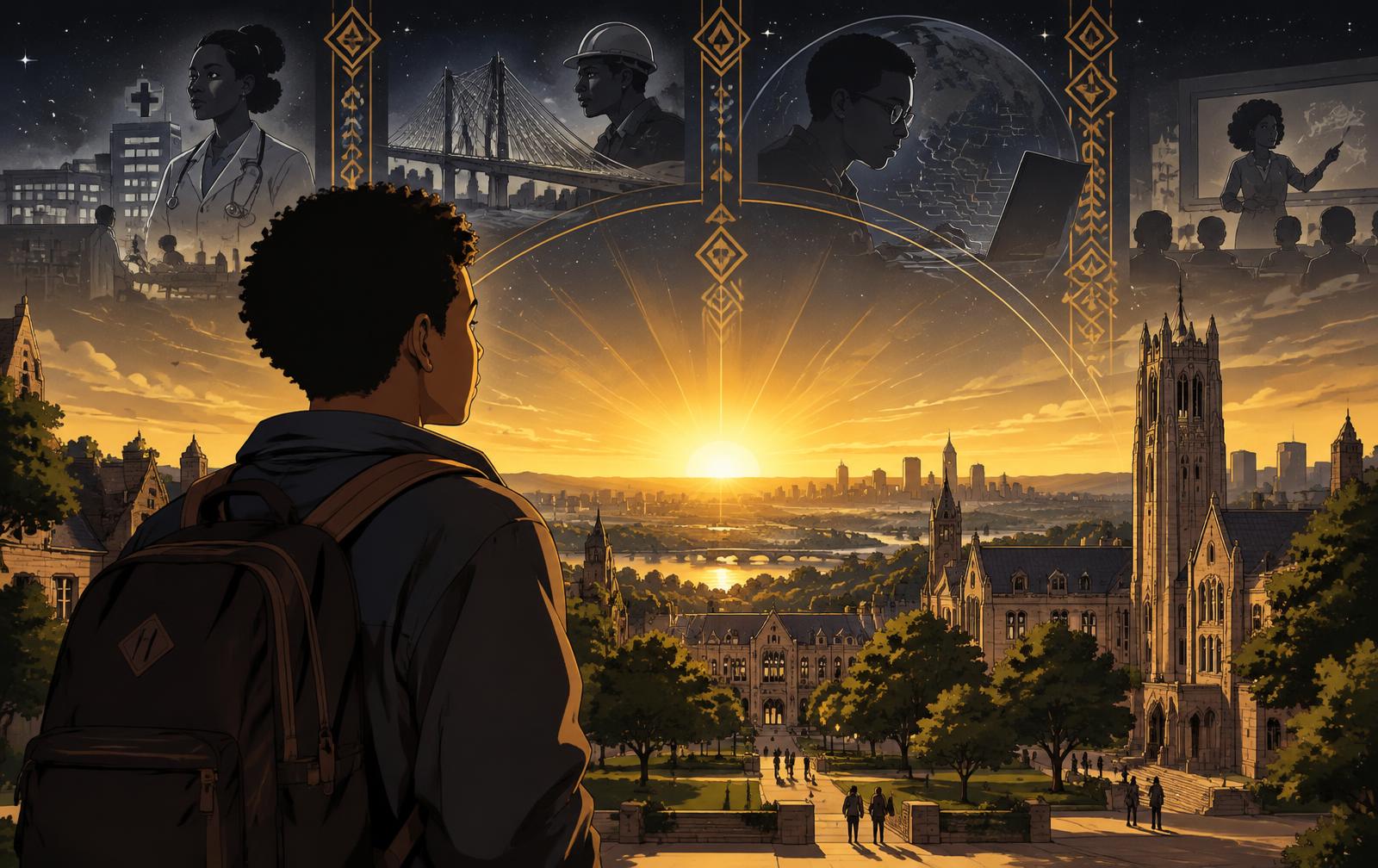 A student looks toward a sunrise over a university campus, surrounded by images of future careers